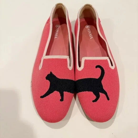 Vivaia Round-Toe Embroidered Loafers Pink Black Cat Size 38 US 7 - 7.5 - Picture 4 of 13